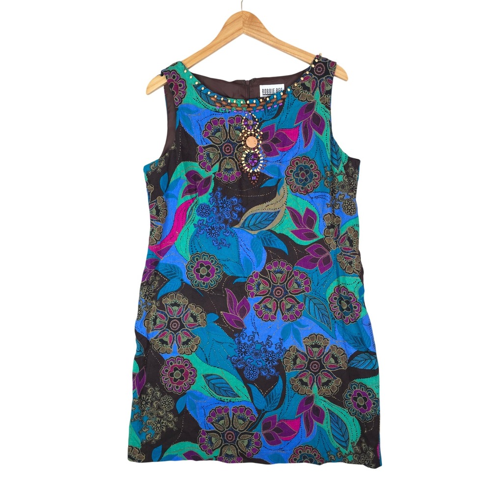 Robbie Bee Dress Women 14 Blue Floral Beaded Linen Blend Sleeveless Boho Shift